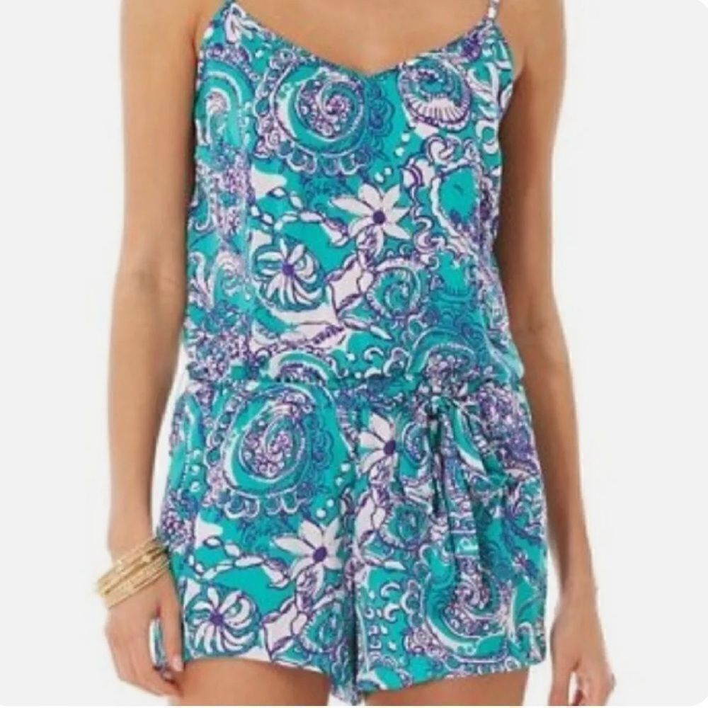 LILLY PULITZER Deanna Montauk Blue Teal White Paisley Printed Satin Romper Sz M